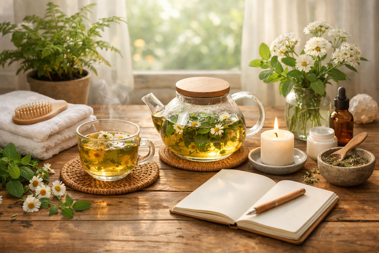 peaceful morning wellness routine with natural herbal tea and fresh plants on wooden table in soft daylight