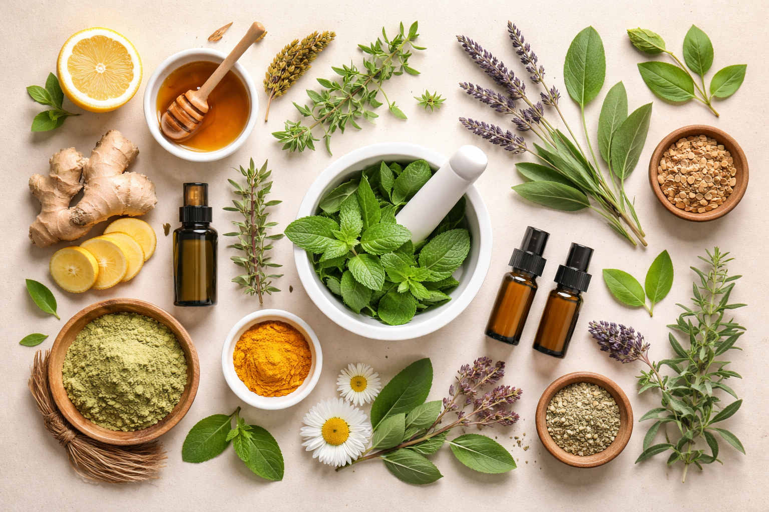 natural botanical ingredients and herbs arranged aesthetically on neutral background representing wellness and balance
